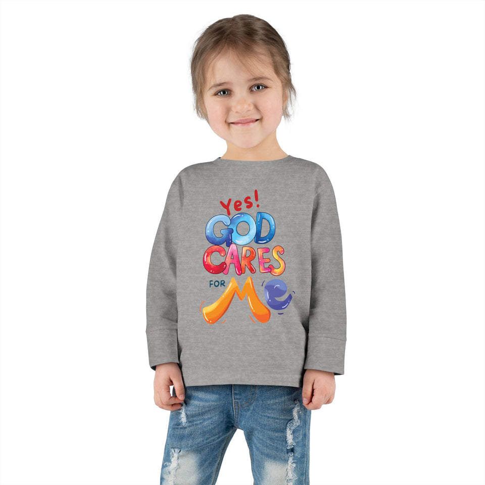 Toddler Long Sleeve Tee — "Yes! God Cares for Me" Colorful Faith Shirt