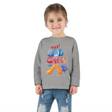 Toddler Long Sleeve Tee — "Yes! God Cares for Me" Colorful Faith Shirt