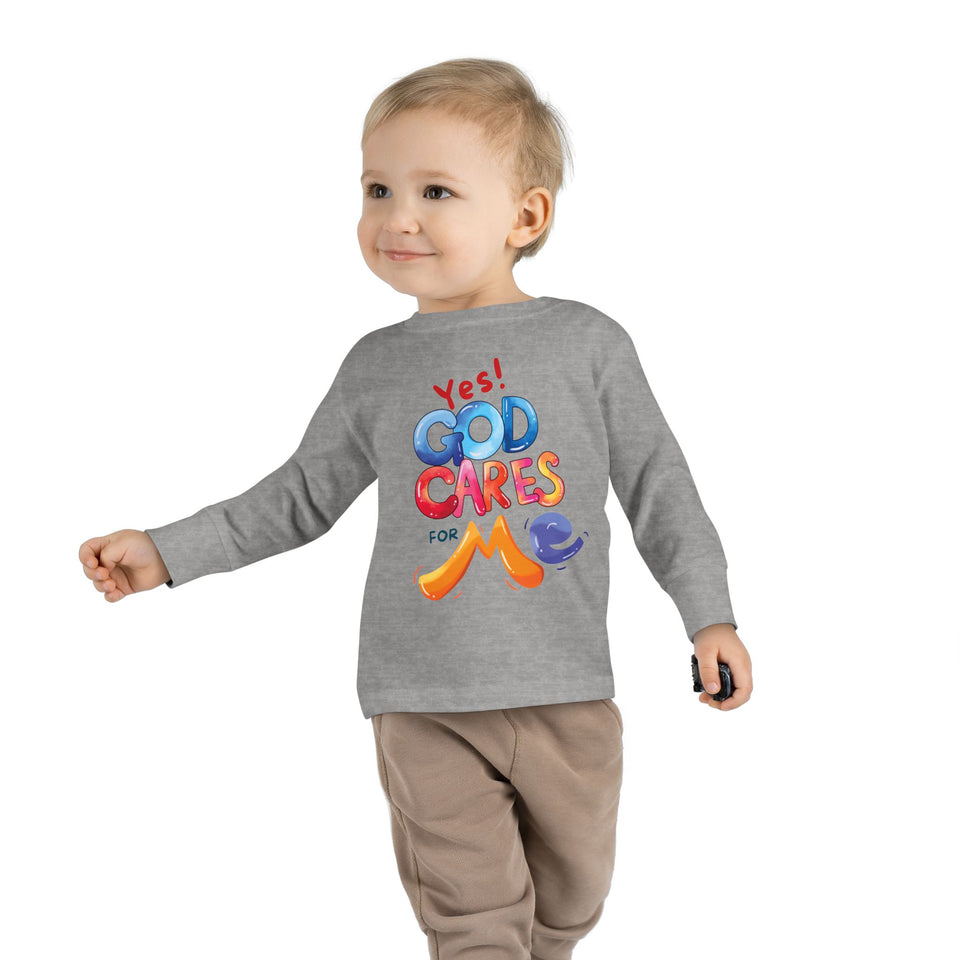 Toddler Long Sleeve Tee — "Yes! God Cares for Me" Colorful Faith Shirt