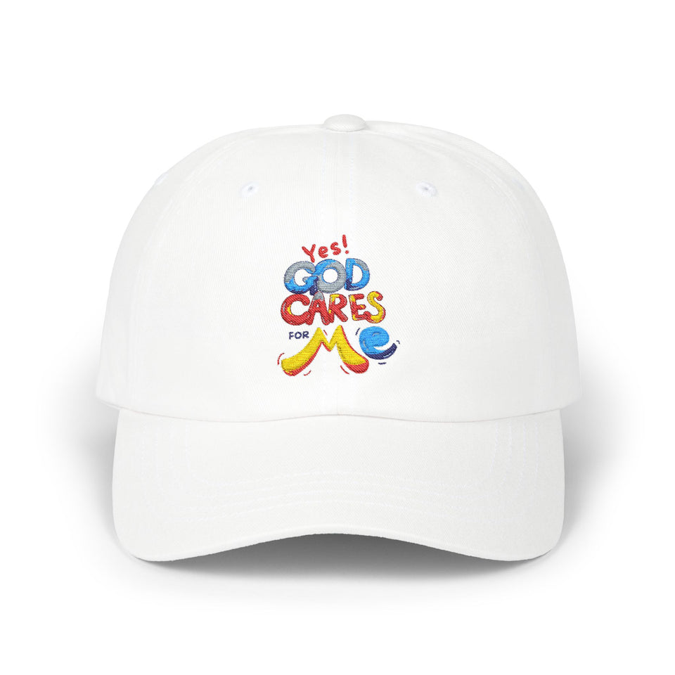 Dad Cap — "Yes! God Cares for Me" Embroidered Faith Baseball Hat