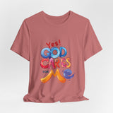 T-Shirt — "Yes! God Cares For Me" Colorful Faith Graphic Tee
