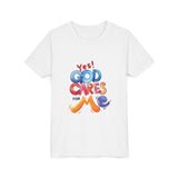 Youth Tee — "Yes! God Cares For Me" Colorful Faith Graphic