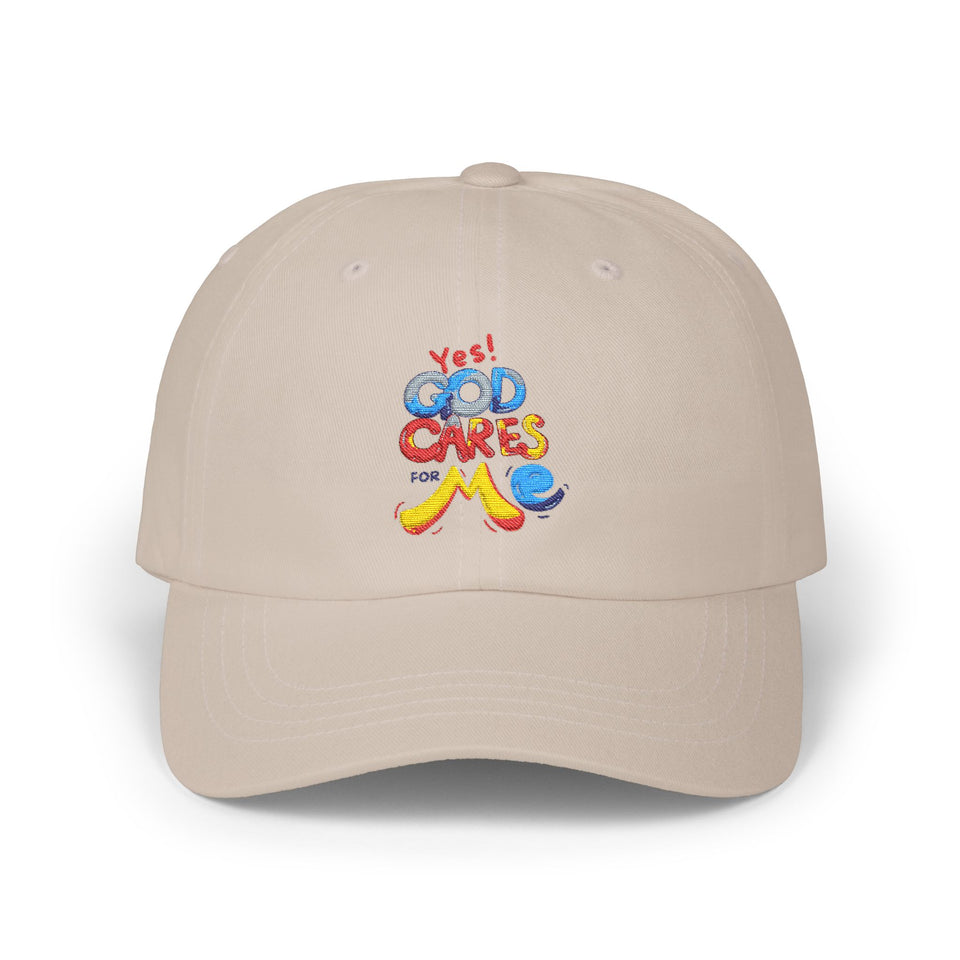 Dad Cap — "Yes! God Cares for Me" Embroidered Faith Baseball Hat