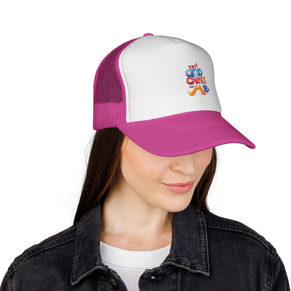 Trucker Cap — "God Cares for Me" Colorful Faith Mesh Hat