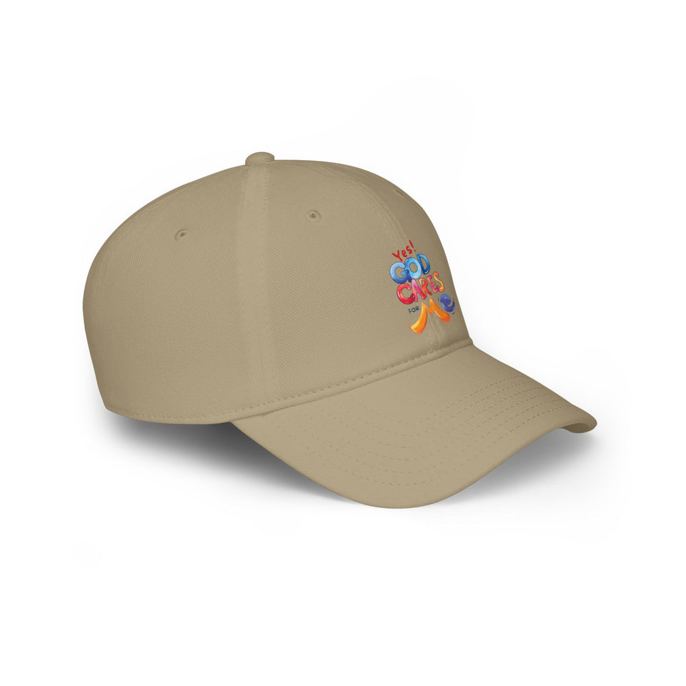 Low-Profile Baseball Cap — "Yes! God Cares About Me" Colorful Faith Hat