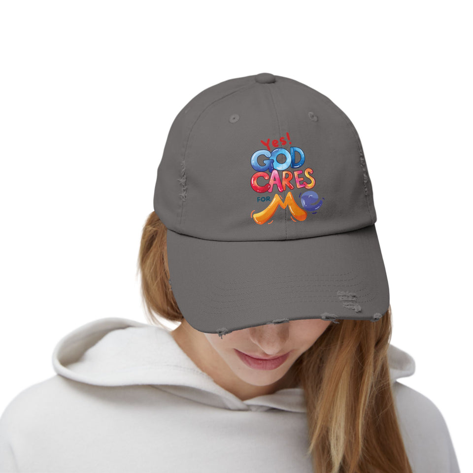 Distressed Cap — "Yes! God Cares for Me" Colorful Faith Baseball Hat