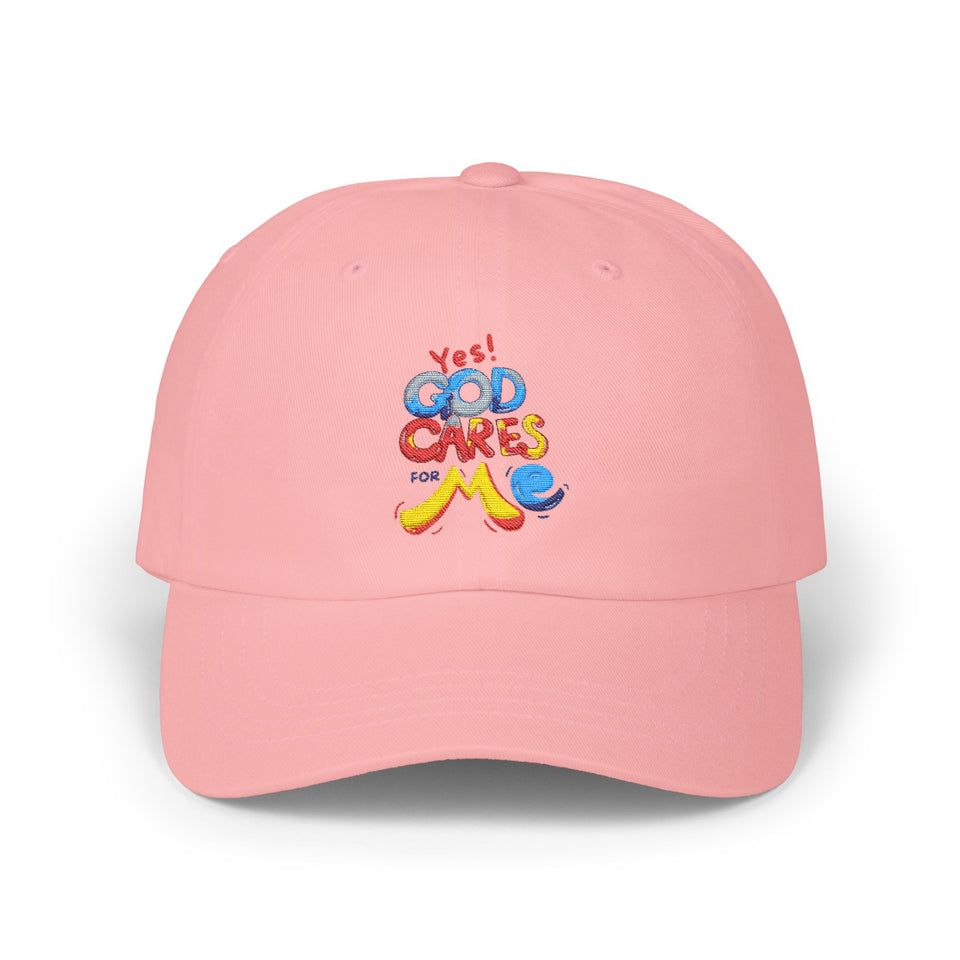 Dad Cap — "Yes! God Cares for Me" Embroidered Faith Baseball Hat