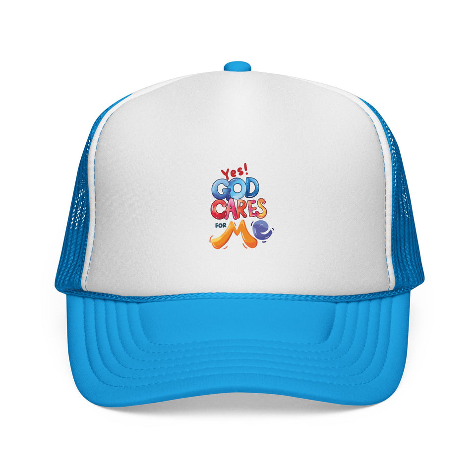 Trucker Cap — "God Cares for Me" Colorful Faith Mesh Hat
