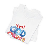 T-Shirt — "Yes! God Cares For Me" Colorful Faith Graphic Tee