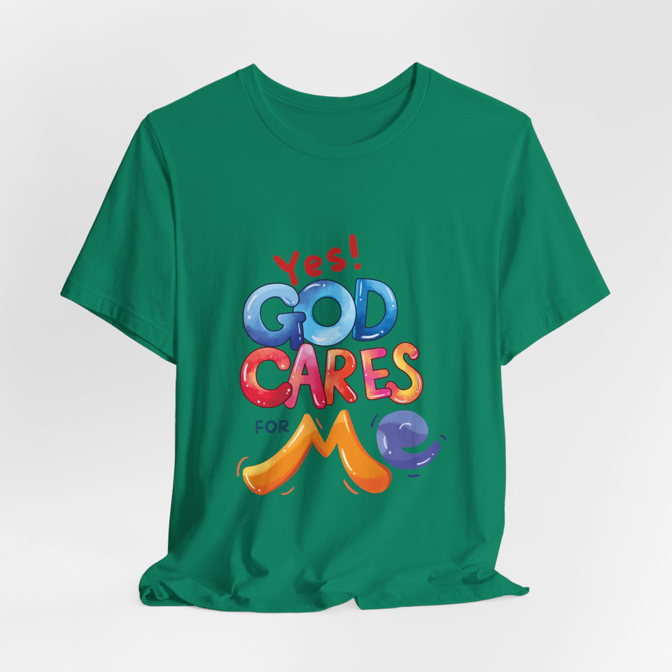 T-Shirt — "Yes! God Cares For Me" Colorful Faith Graphic Tee