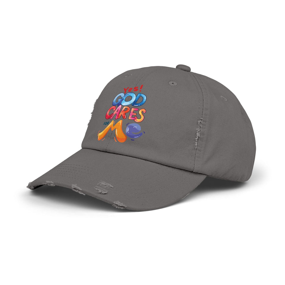 Distressed Cap — "Yes! God Cares for Me" Colorful Faith Baseball Hat