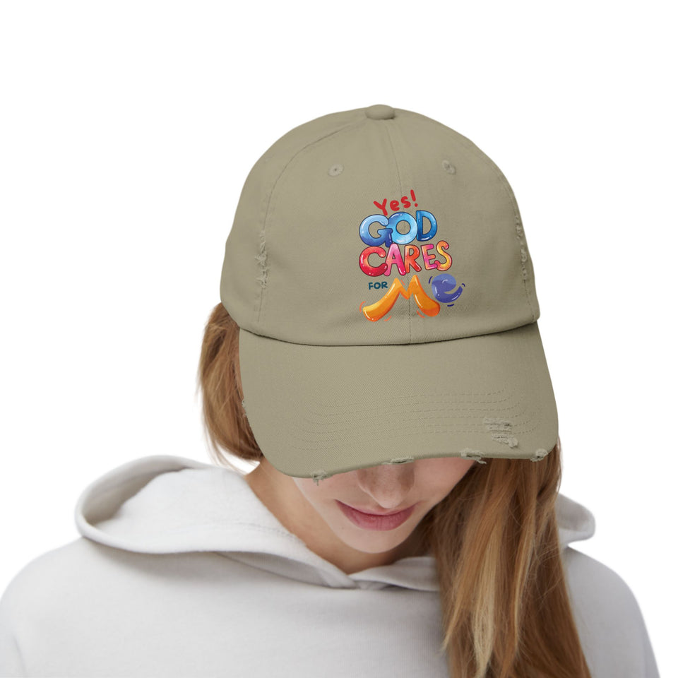 Distressed Cap — "Yes! God Cares for Me" Colorful Faith Baseball Hat
