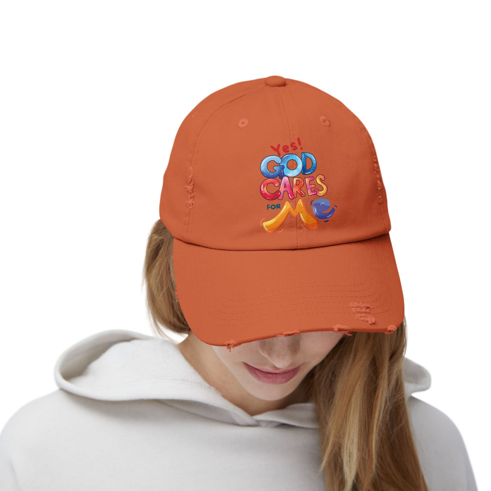 Distressed Cap — "Yes! God Cares for Me" Colorful Faith Baseball Hat