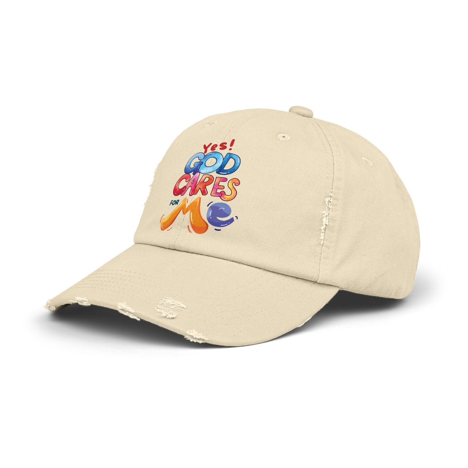 Distressed Cap — "Yes! God Cares for Me" Colorful Faith Baseball Hat