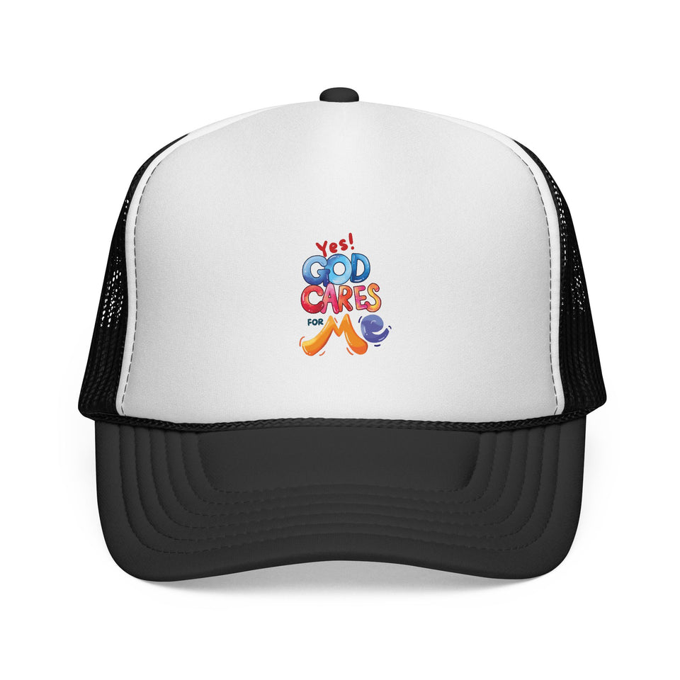 Trucker Cap — "God Cares for Me" Colorful Faith Mesh Hat