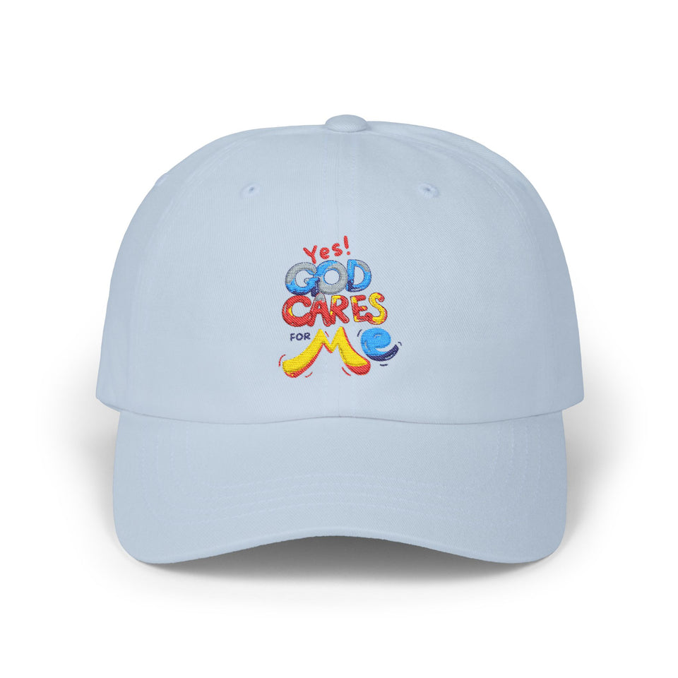 Dad Cap — "Yes! God Cares for Me" Embroidered Faith Baseball Hat