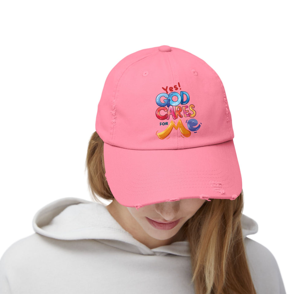 Distressed Cap — "Yes! God Cares for Me" Colorful Faith Baseball Hat