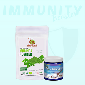 GreenEarth Moringa Powder 3.5 oz in resealable white pouch and Coconut Secret Extra-virgin coconut oil in glass jar 16oz