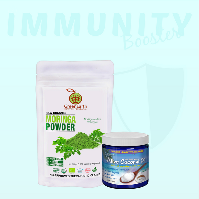 GreenEarth Moringa Powder 3.5 oz in resealable white pouch and Coconut Secret Extra-virgin coconut oil in glass jar 16oz