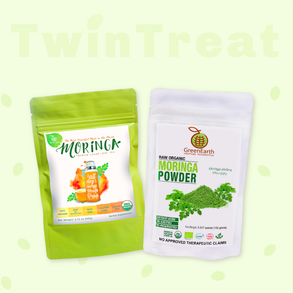 Moringa Miracle Twin Treat Pack of 2 of Moringa Loose Leaf Tea  2.12 oz + Moringa Powder 3.5 oz by GreenEarth