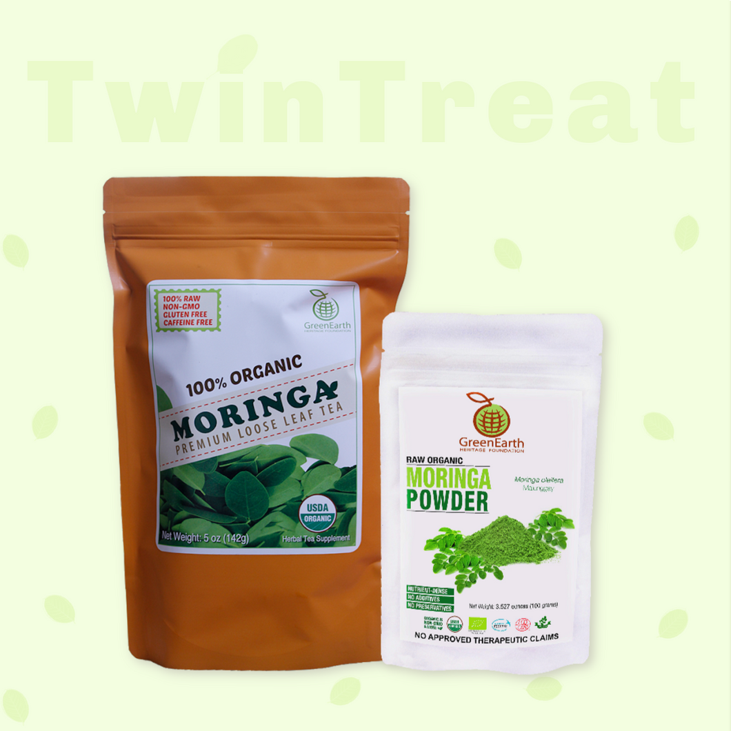 Moringa Miracle Twin Treat Pack of 2- Moringa Loose Leaf Tea  5 oz + Moringa Powder 3.5 oz by GreenEarth