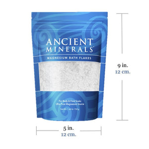 Ancient Minerals® Magnesium Bath Flakes 1.65 lb in stand-up resealable pouch size 9L x 7W x 3D inches available at www.mvpselections.com