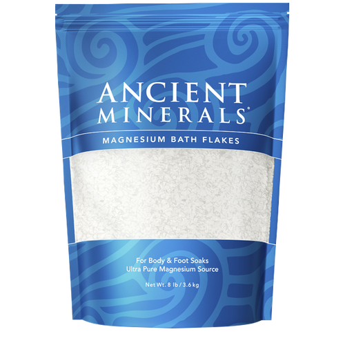 Ancient Minerals® Magnesium Bath Flakes 8 lb in stand-up resealable pouch available at www.mvpselections.com