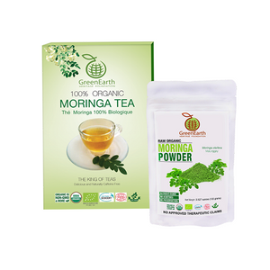 Moringa Miracle Twin Treat Pack of 2- Moringa Loose Leaf Tea  3.5 oz + Moringa Powder 3.5 oz by GreenEarth