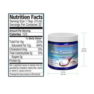 Coconut Secret extra-virgin oil 16 oz in blue glass jar, size and nutrition facts