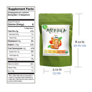 Nutri-facts and  Size of Loose Leaf Moringa Tea 60 g in resealable lime pouch by GreenEarth