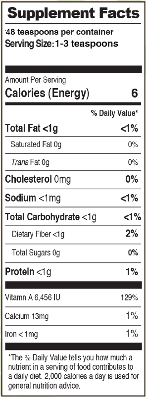 Nutrition Facts of Classic Pack Moringa Loose Leaf Tea 3.5 oz in Box by GreenEarth