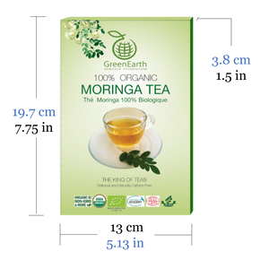 Size and Nutrition Facts of Classic Pack Moringa Loose Leaf Tea 3.5 oz in Box by GreenEarth