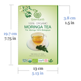 Size and Nutrition Facts of Classic Pack Moringa Loose Leaf Tea 3.5 oz in Box by GreenEarth