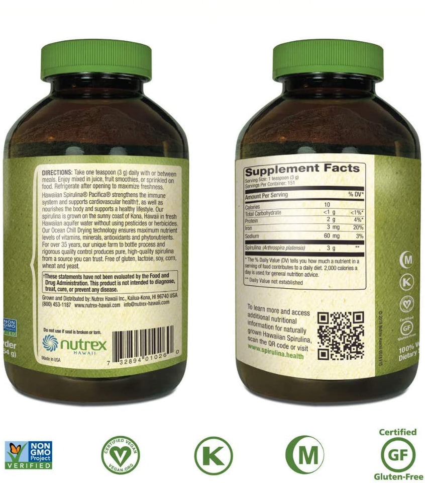 Nutrex Hawaiian Spirulina Pacifica Powder Back label  of 16 oz bottlewith Directions for use. Supplement Facts and seal of certifications