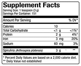Supplement Facts of Nutrex Hawaiian Spirulina Pacifica Powder