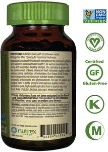 Nutrex Hawaiian Spirulina Pacifica Back label with Directions for use with seal of certifications