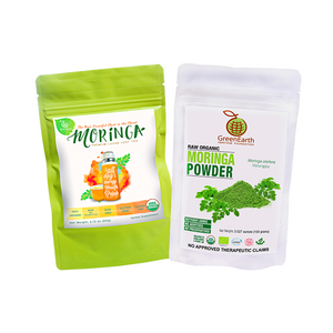 Moringa Miracle Twin Treat Pack of 2 of Moringa Loose Leaf Tea  2.12 oz + Moringa Powder 3.5 oz by GreenEarth